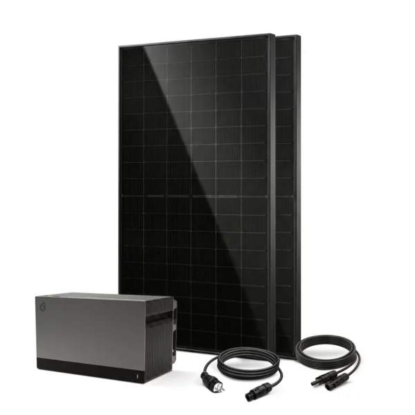 balkonkraftwerk 1000wp leistung aus 2 solarmodulen, einem speicher und anschlusskabel